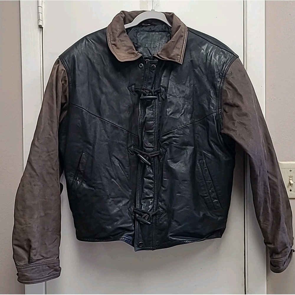 Vgt Free Fall Brown And Black Leather Bomber Jacket Men's Size  L Y2K‎